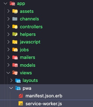 Rails app file directory displaying app/views/pwa