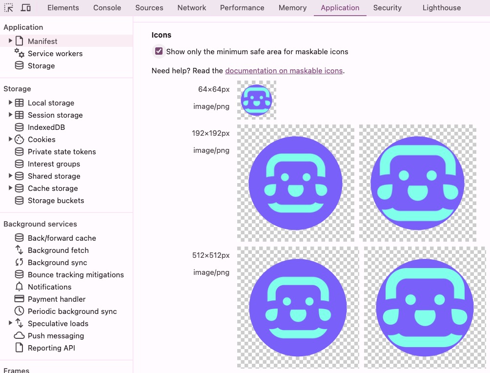 Chrome DevTools > Application > Manifest > Icons